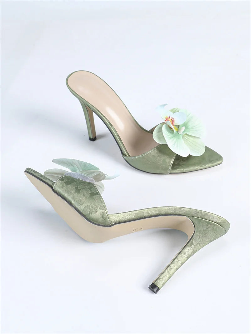 Green Orchid Pointed Open Toe Thin High Heel Sandals