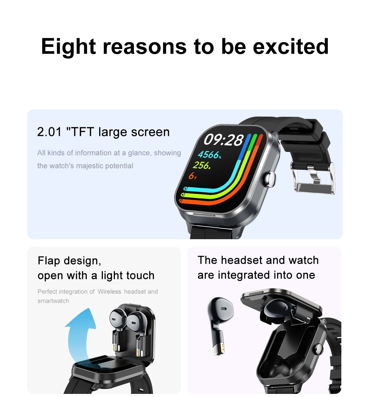 2.01 inch TWS 2-in-1 Earphones Bluetooth Call NFC Heart Rate Blood Pressure Health Monitor Music Smartwatch