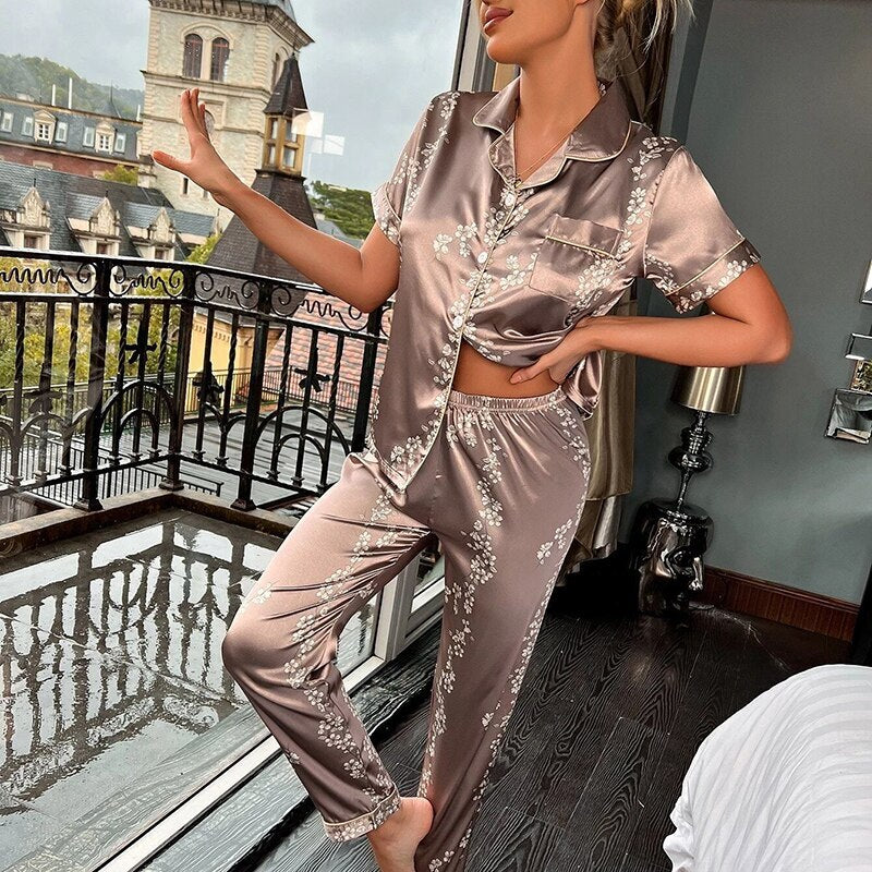 Women Sleepwear Satin Silk Pajamas Sets