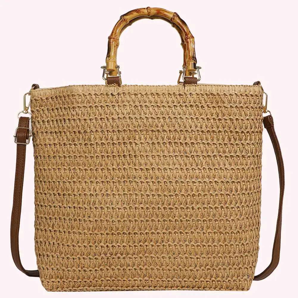 Straw Woven handbag with Bamboo style Handle