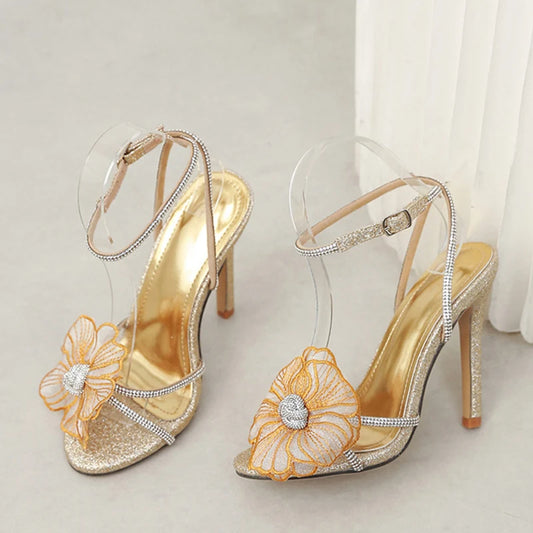 Faux Crystal Flower Open Toe High Heel Sandals