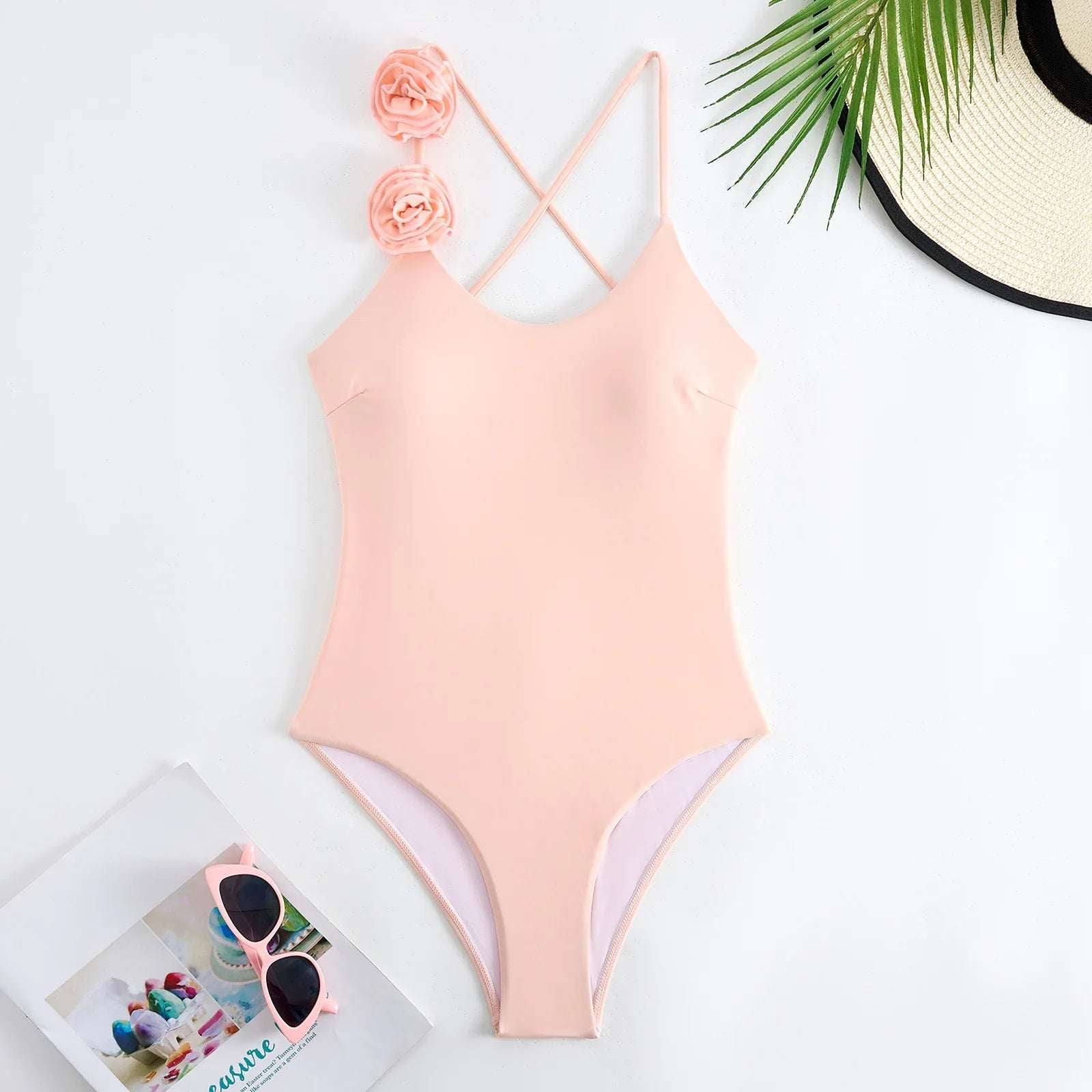 Flower Cross Back one piece swimsuit Pink