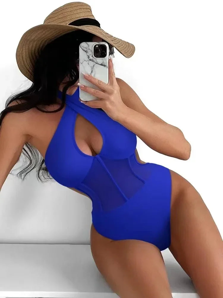 Halter neck Criss Corss mesh one piece swimsuit royal blue