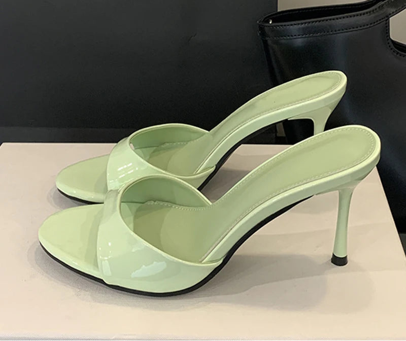 One band Patent Leather Mules High Heel Sandals Green