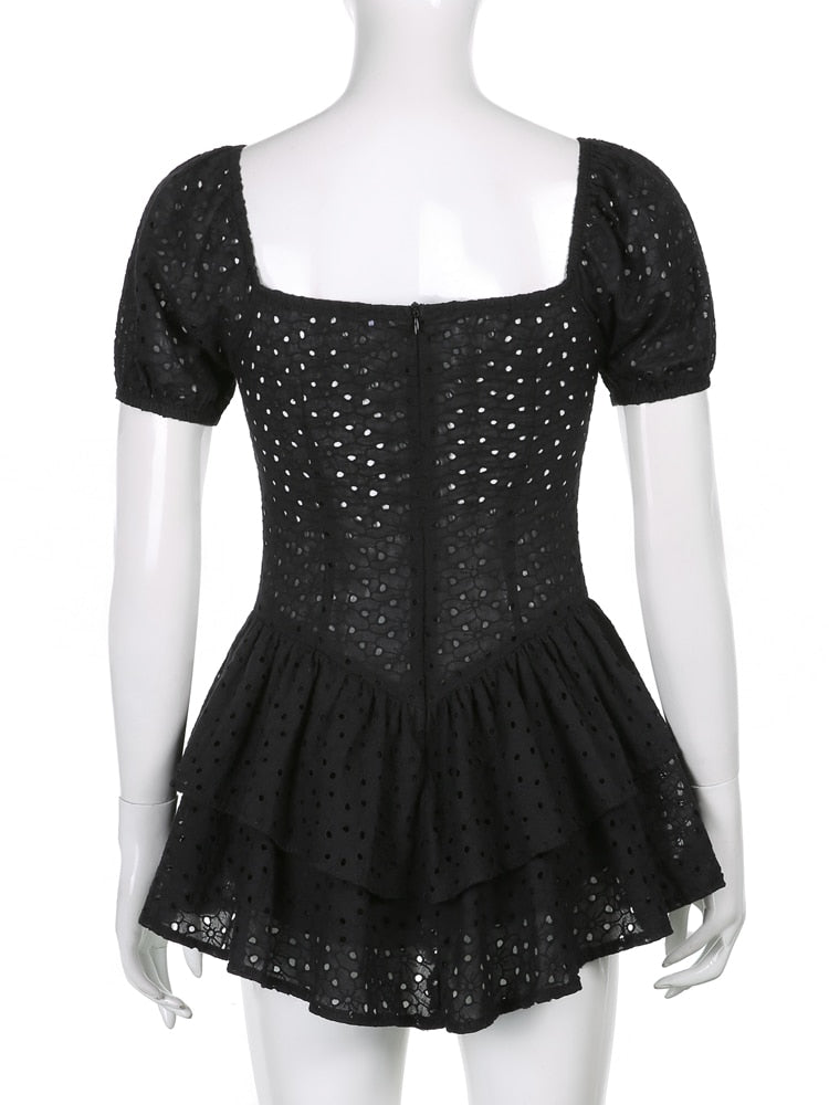 Women Puff Sleeve Chic Black Summer Dress