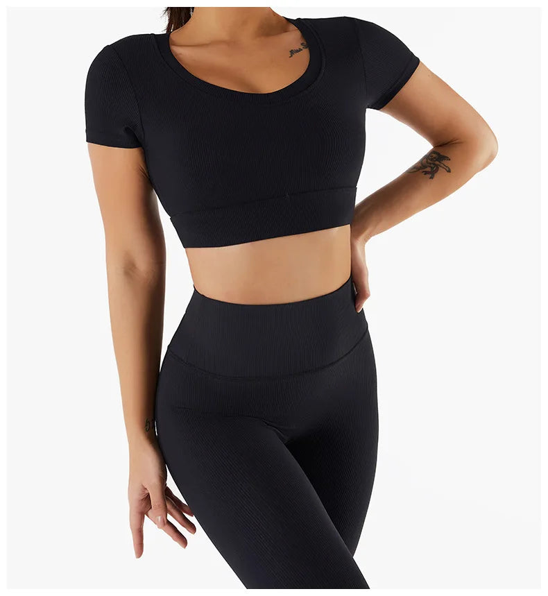 Short Sleeve round neck crop bralette High Waist Leggings Gym Fitness Set
