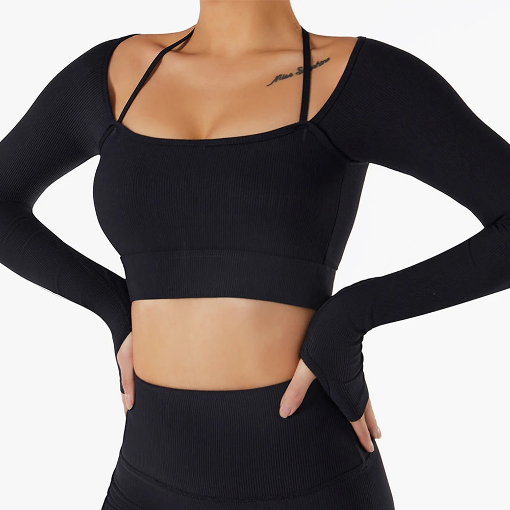 Padded Long Sleeve Seamless Gym Workout Top black