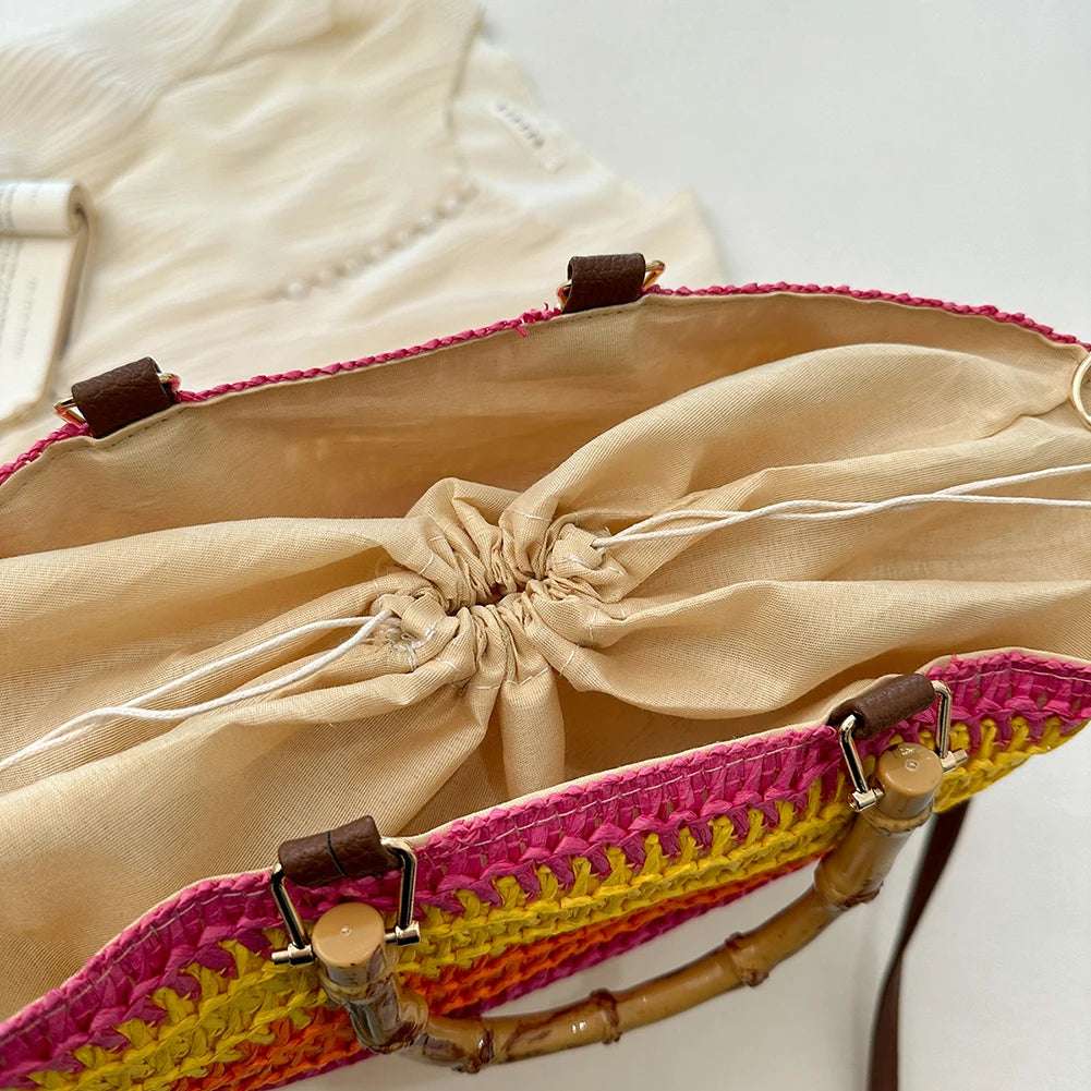 Straw Woven handbag with Bamboo style Handle