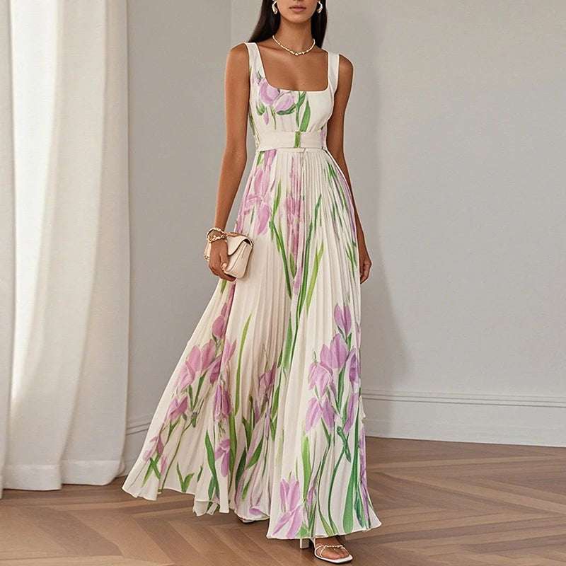 Square Collar sleeveless Floral Print maxi Dress