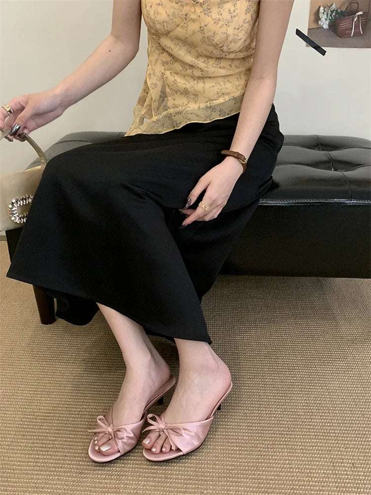 Butterfly-kont Pleated Thin Low Heels Satin kitten heel sandals