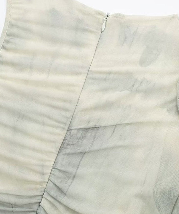 Women Fashion Printed Tulle Semi-sheer Midi Dress