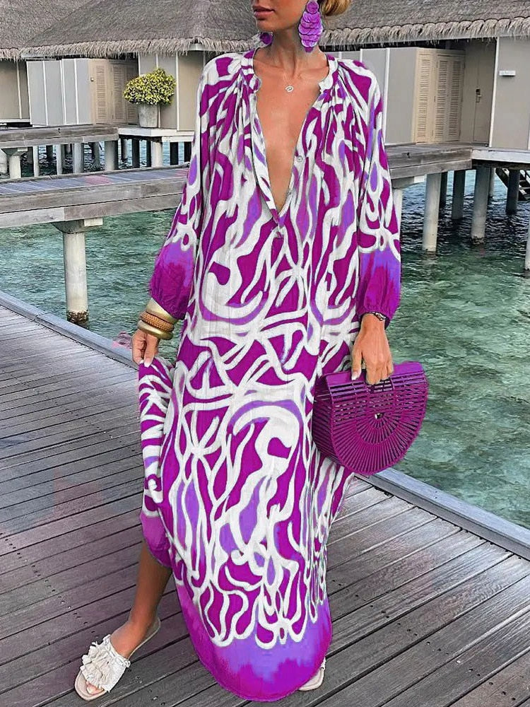 Summer Deep V-Neck Long Sleeve Long Dresses Purple