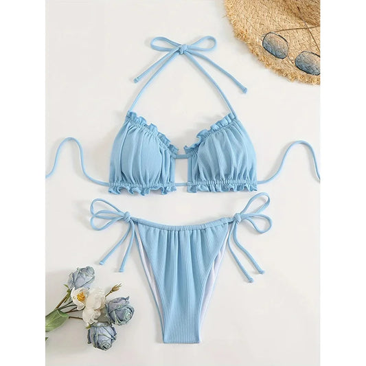 Blue Micro Brazilian Ribbed bikini set Blue