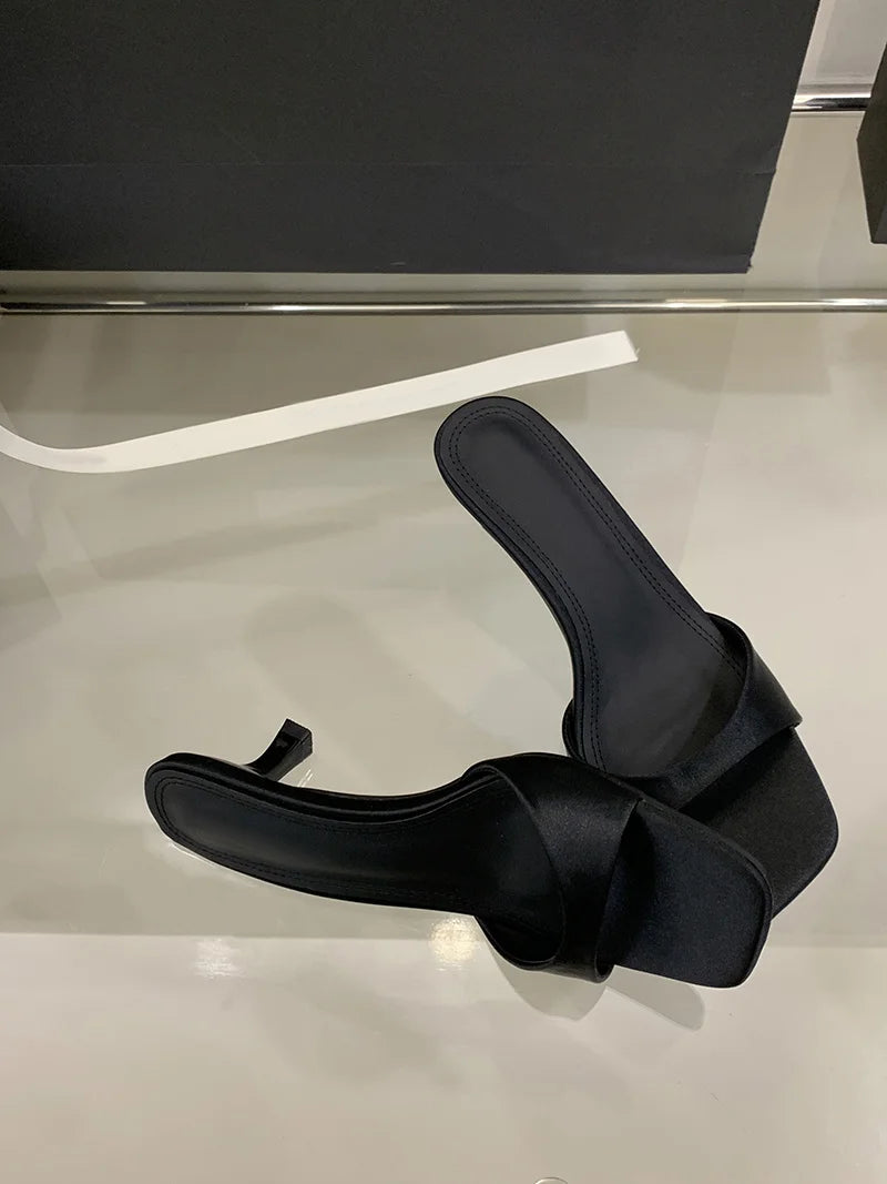 Satin Thin Low Heels Square Toe Mule Sandals