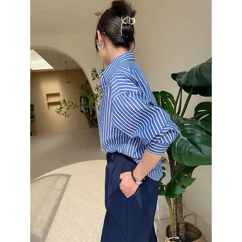 Blue Striped Chiffon Blouse Shirt for Women