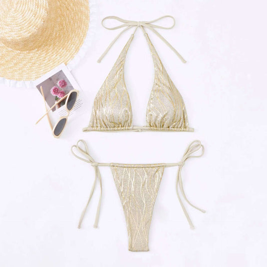 Sexy Halter neck metallic fabric Bikini Set gold