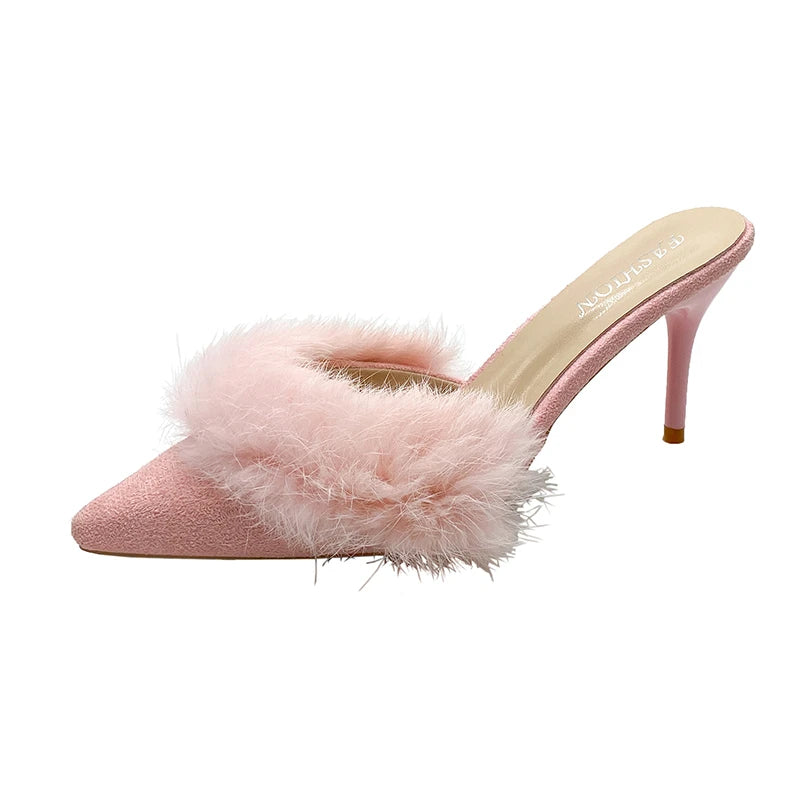 Kitten Heel with Fur Mules Shoes Pink
