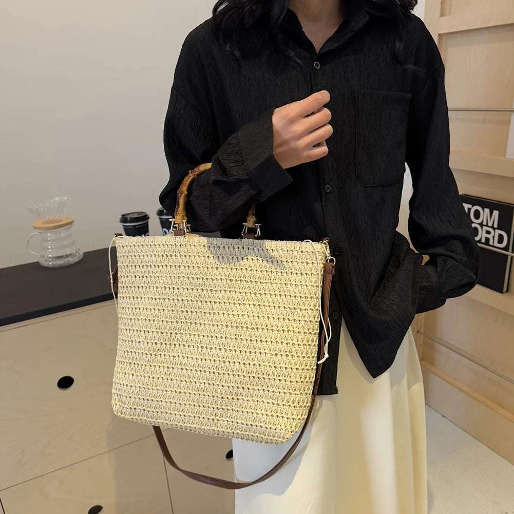 Straw Woven handbag with Bamboo style Handle