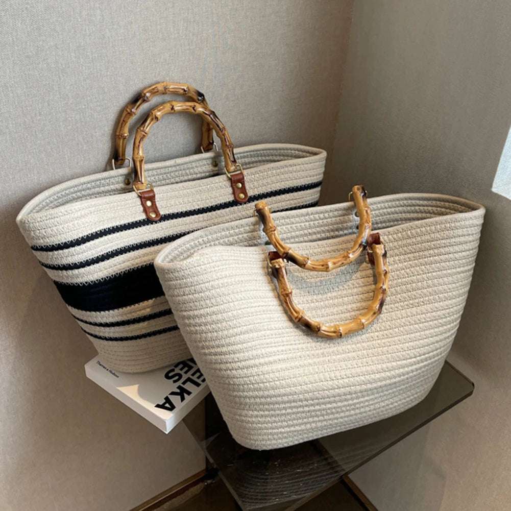 Woven tote Summer Beach Bag with Bamboo style Handle