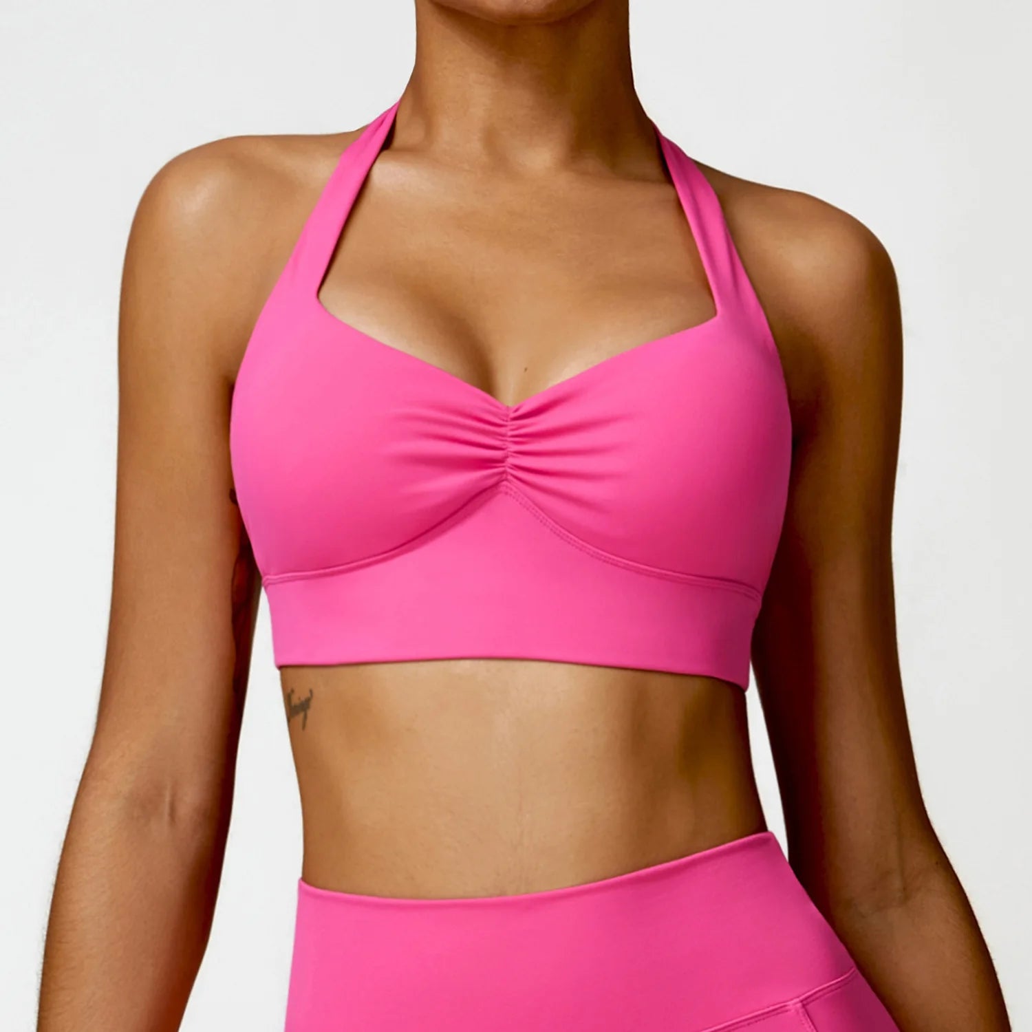 Halter neck push up ruched Sports Bra Rose red