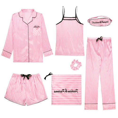 Spring Summer 7 Pcs satin Pajamas Set 88883fen shu tiao