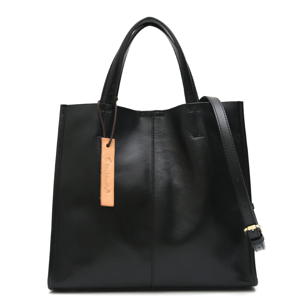 Minimalist Vintage Leather Tote Handbag BLACK