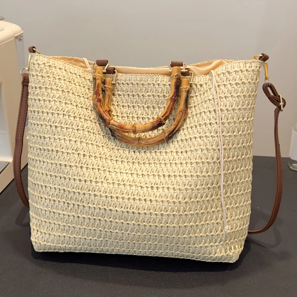 Straw Woven handbag with Bamboo style Handle Beige