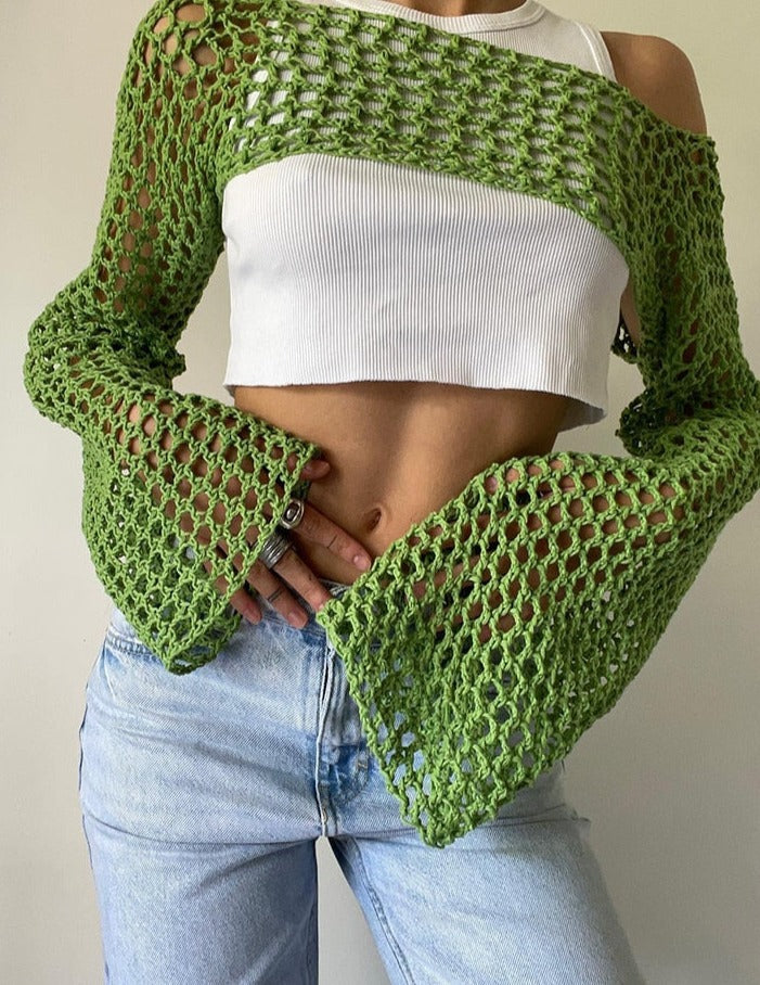 Summer Green Long Sleeve Smock Knitted Crop Top Green