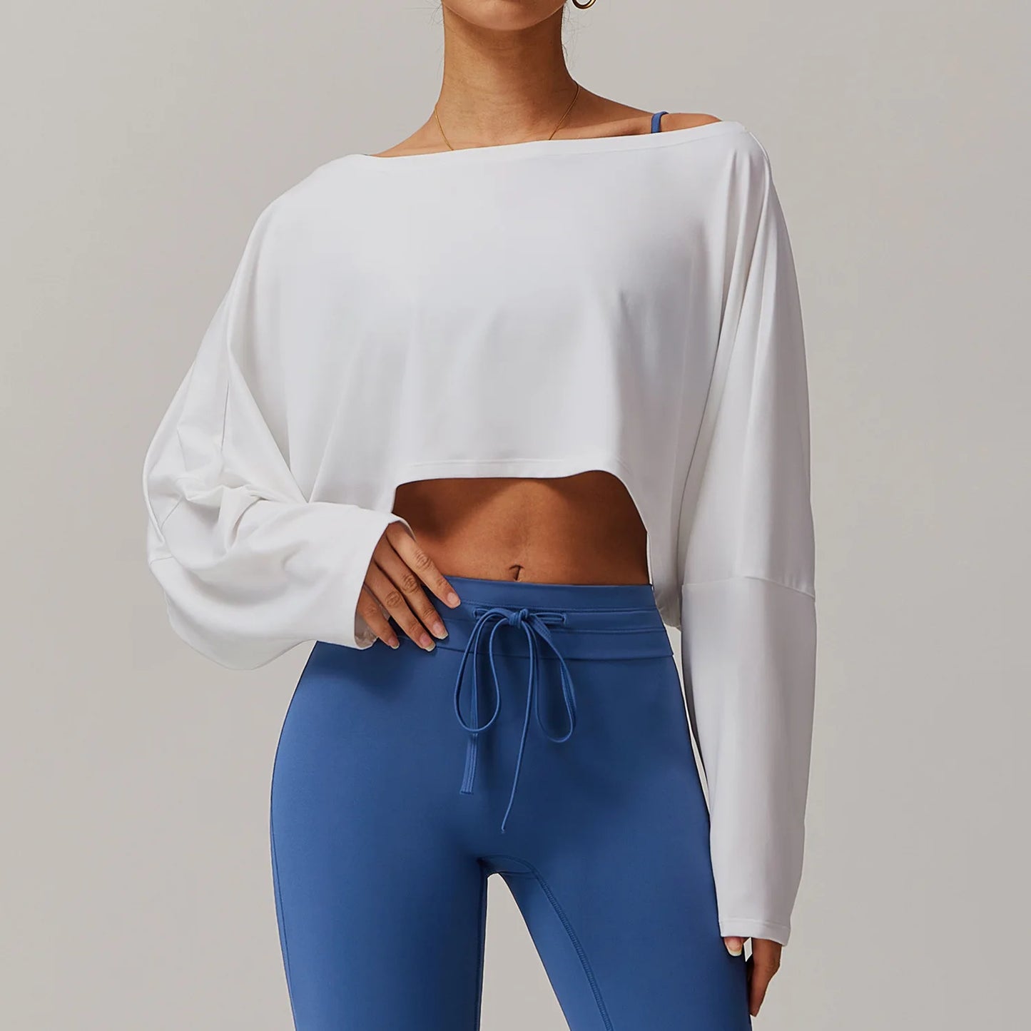 Long Sleeve off Shoulder Bat Sleeve Gym Yoga top Swan White