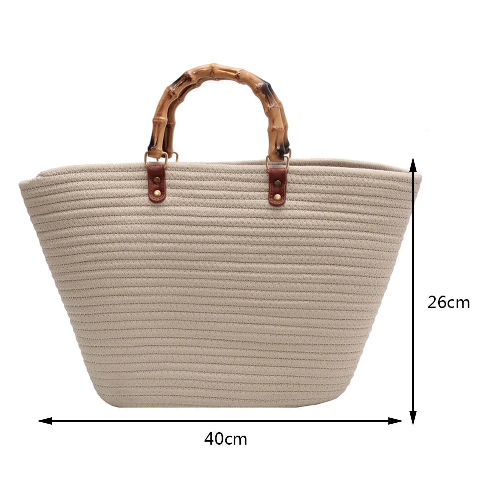 Woven tote Summer Beach Bag with Bamboo style Handle Style 2