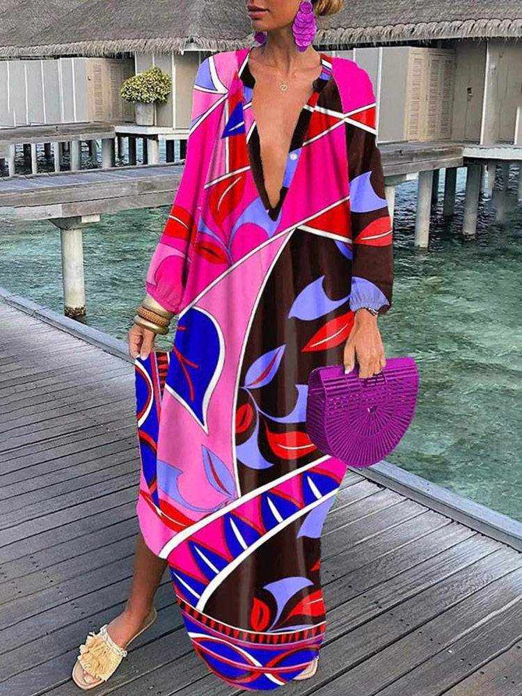 Summer Deep V-Neck Long Sleeve Long Dresses Multicolor