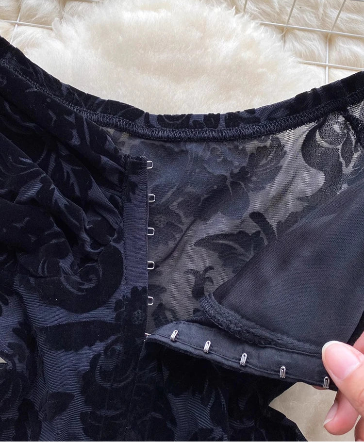 Sexy Lace Print Flock off Shoulder Long Sleeve body suit lingerie