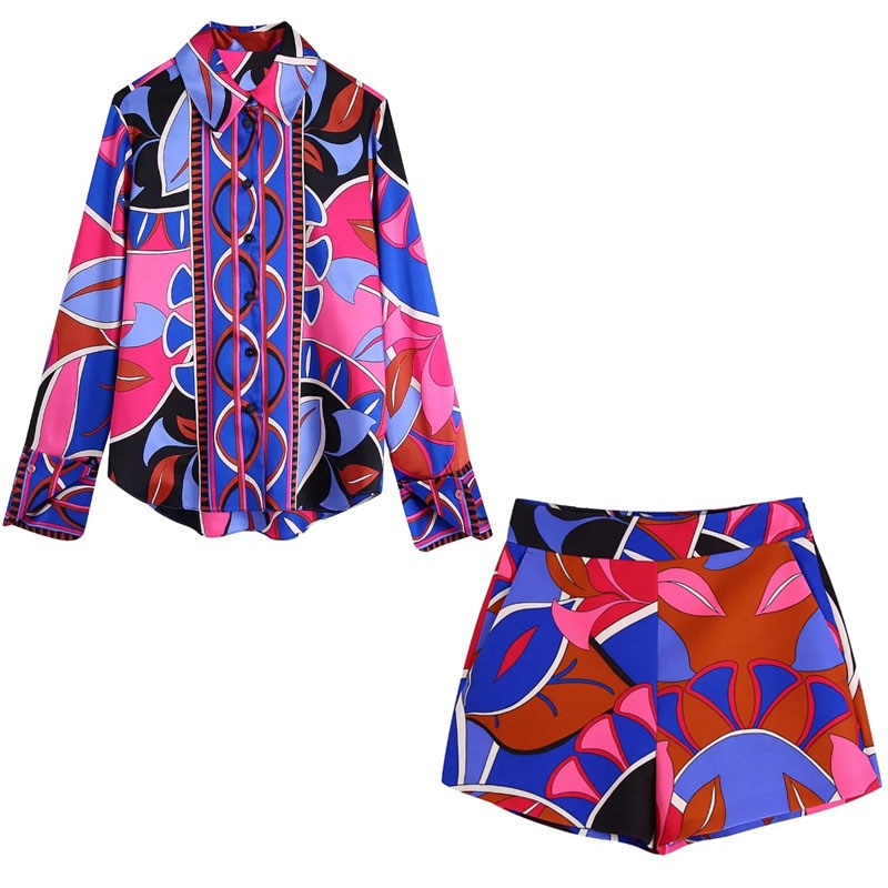 Women Vintage Long Sleeve Top Shorts Set