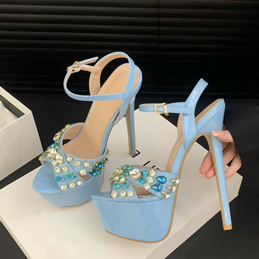Faux stones Pink Blue Extreme High Heel sandals Blue