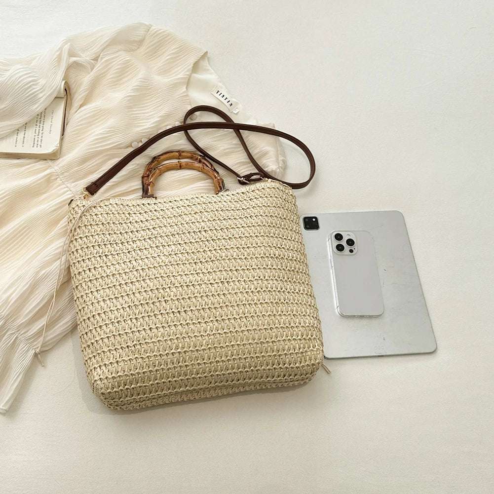 Straw Woven handbag with Bamboo style Handle