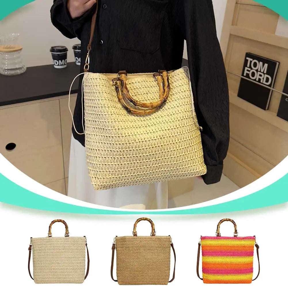 Straw Woven handbag with Bamboo style Handle