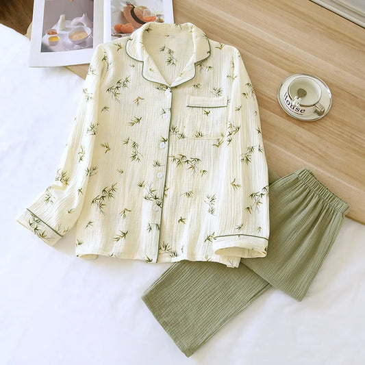 Cotton Crepe Long Sleeve floral print grandad pyjamas green