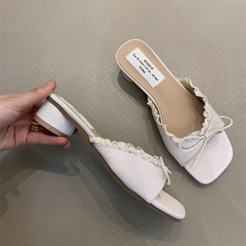 Butterfly-knot pastel colours Low Heel Sandals Apricot