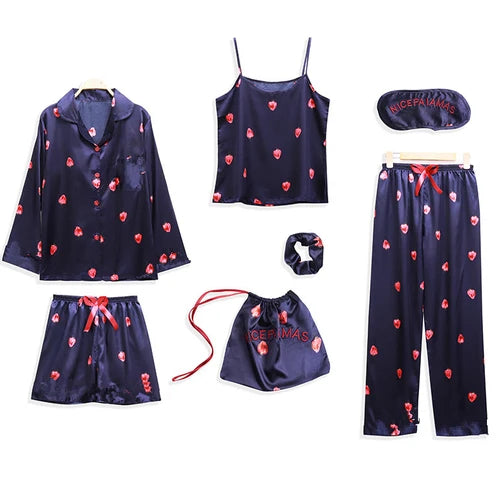 Spring Summer 7 Pcs satin Pajamas Set 88883 lan cao mei