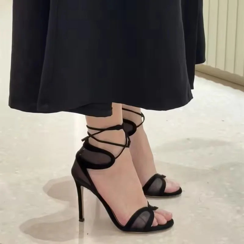 Hollow cut Out Mesh Narrow Band Ankle Strap high heel Sandals
