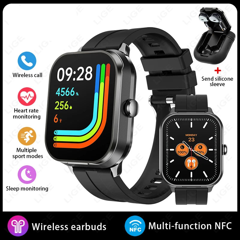 2.01 inch TWS 2-in-1 Earphones Bluetooth Call NFC Heart Rate Blood Pressure Health Monitor Music Smartwatch black
