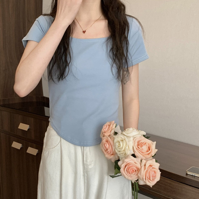 Women Long Sleeve Square Neck Top Short Sleeve Blue