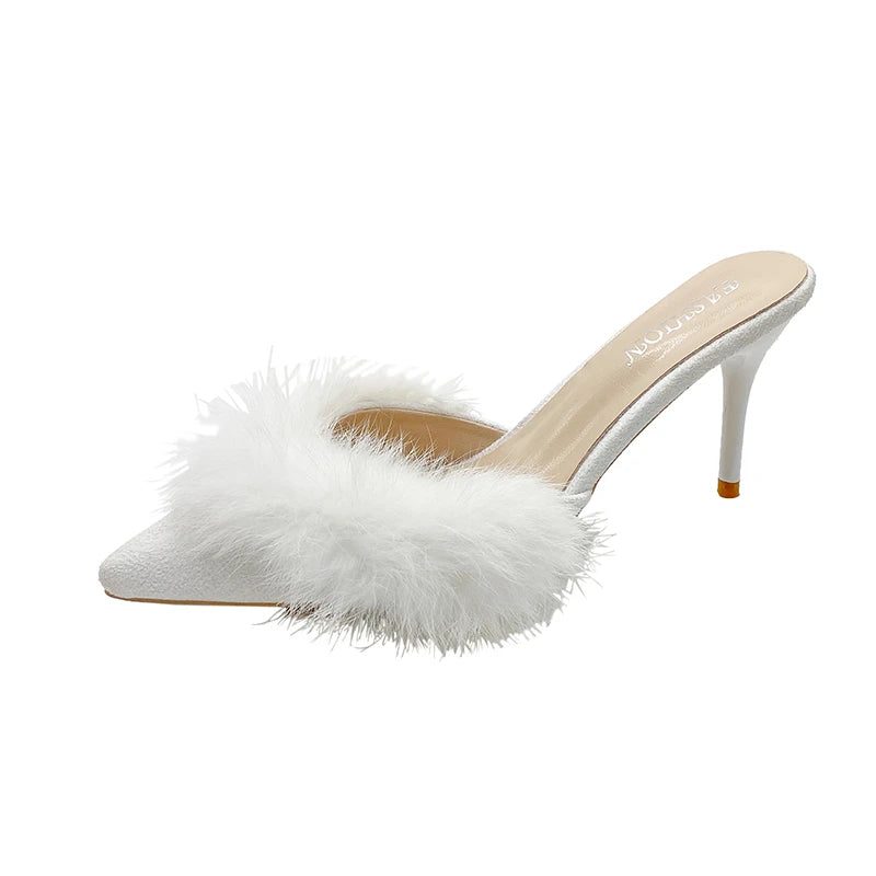 Kitten Heel with Fur Mules Shoes Beige