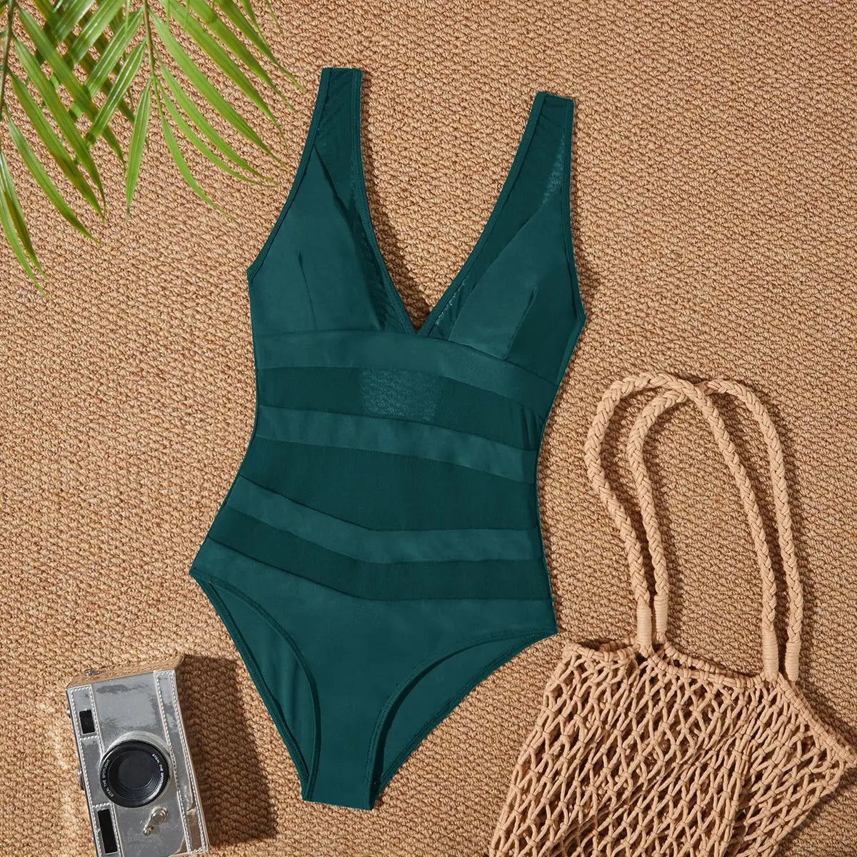 Low Back mesh One Piece Swimsuit peacock green