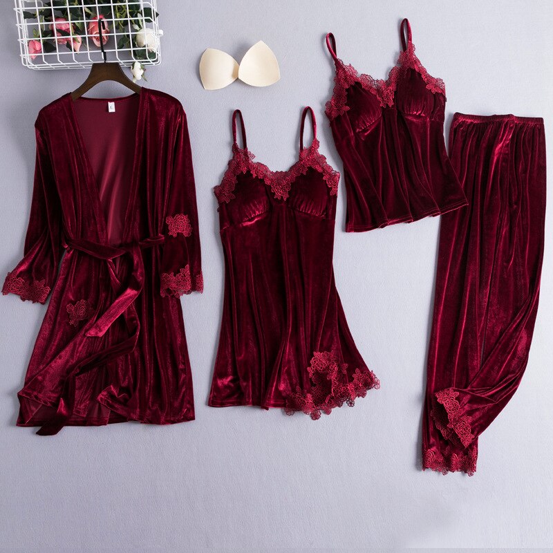 Velour lace Pyjamas Set Burgundy Set - A