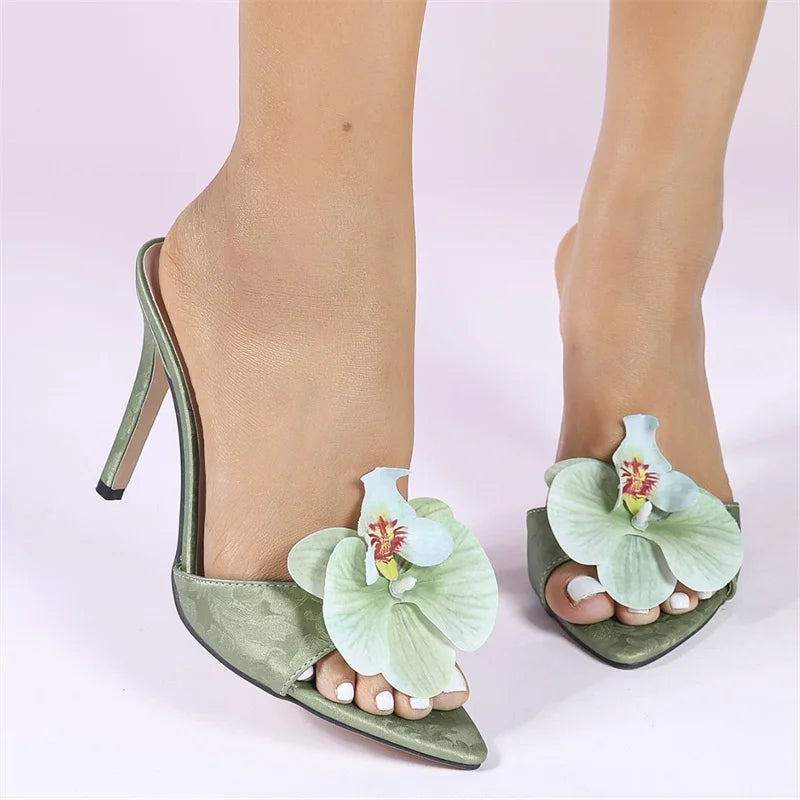 Green Orchid Pointed Open Toe Thin High Heel Sandals