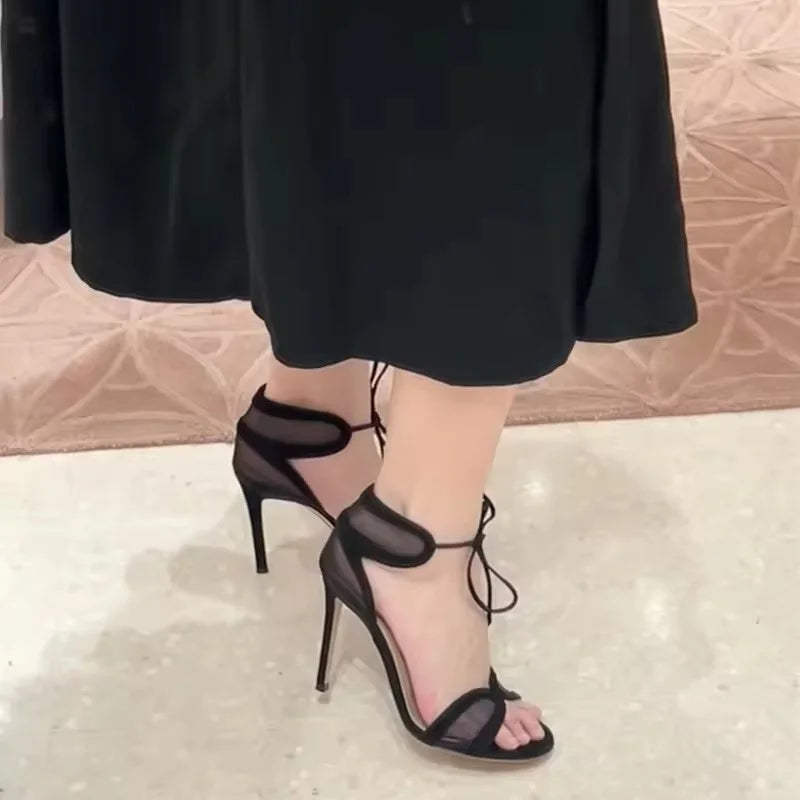 Hollow cut Out Mesh Narrow Band Ankle Strap high heel Sandals
