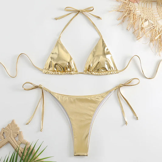 Halter neck classic brazilian metallic Bikini Set Gold