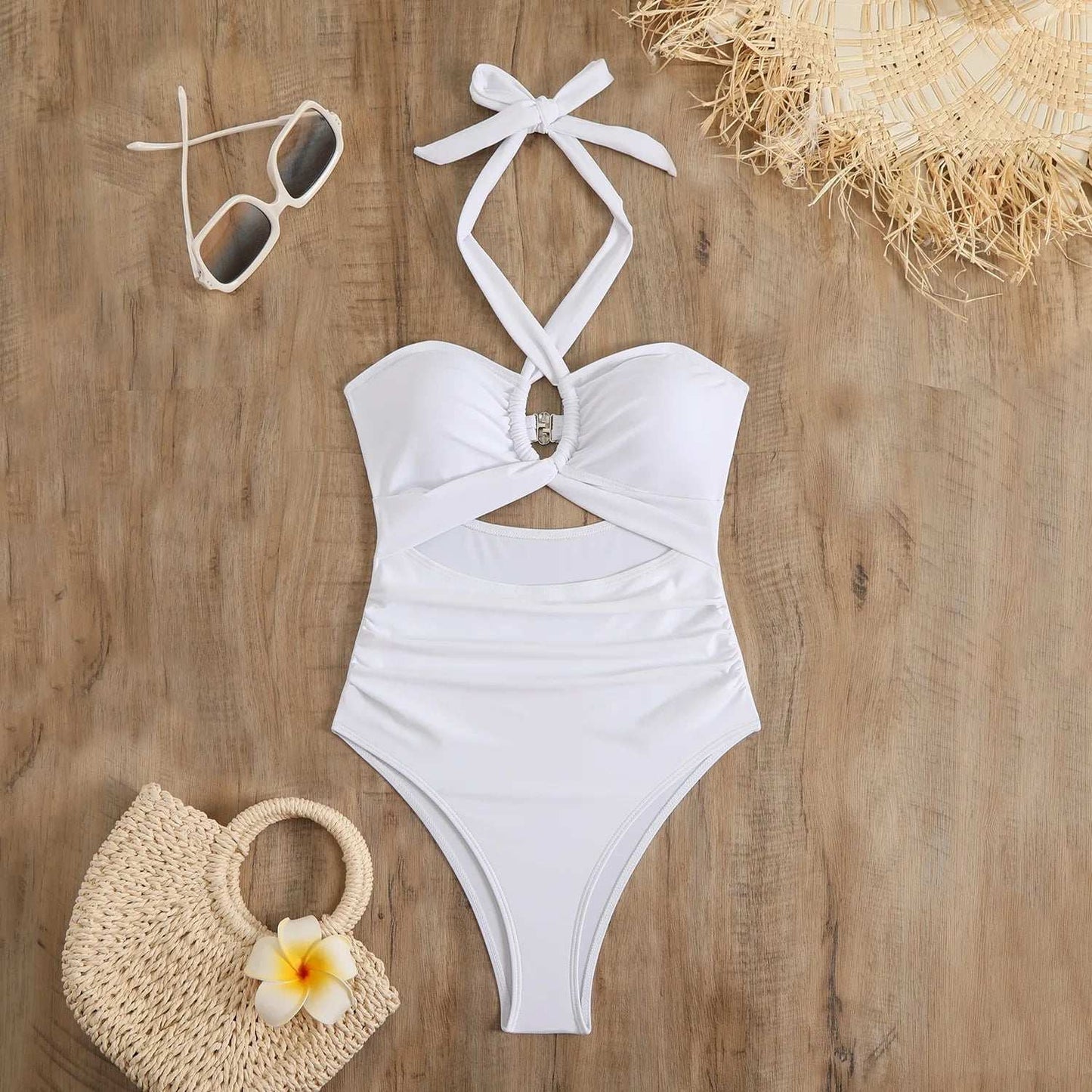 Hollow Out Push Up halter neck one piece swimsuit White
