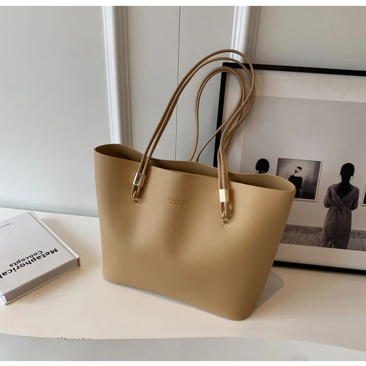 PU Leather large Tote Handbag Khaki 37cmX25cmX12cm